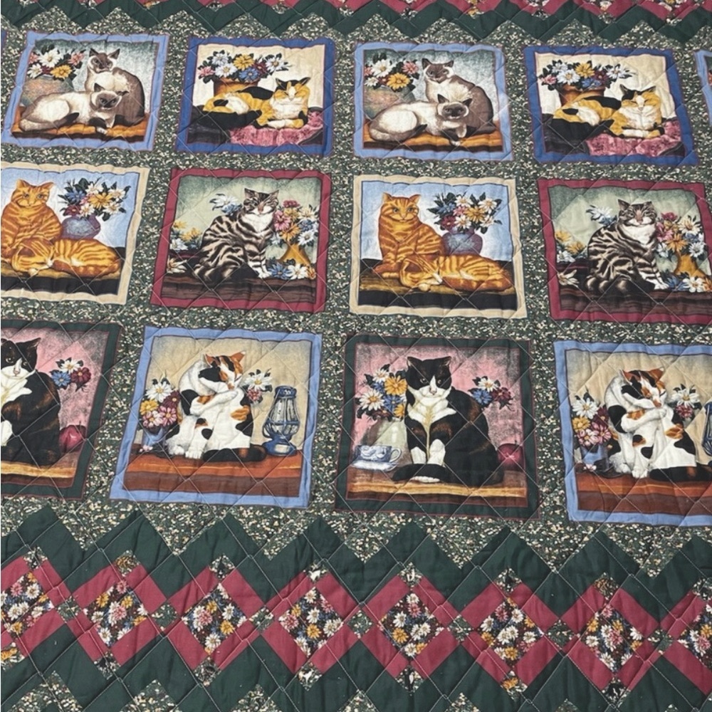 Vintage 1996 Colorful Cat Collage Quilt Full Size